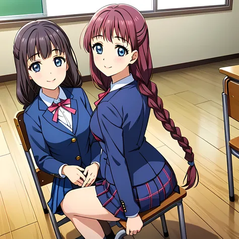 (highest quality, masterpiece:1.2), highest quality, High resolution, 1080p, 8K, Height: 158cm, High-definition anime-style CG, ((The game heroines are very noble, pretty and pure beautiful girls sitting on chairs in school classrooms.、Looking back and smi...