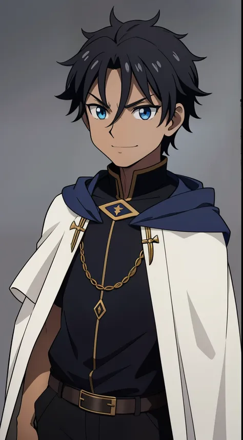 (high-quality, breathtaking),(expressive eyes, perfect face) Symmetrical Eyes, short, age 10, upperbody, 1boy, male, bright blue eye color, black hair color, grey background, medium hair length, tied back hair, black skin, dark colored skin, black and blue...