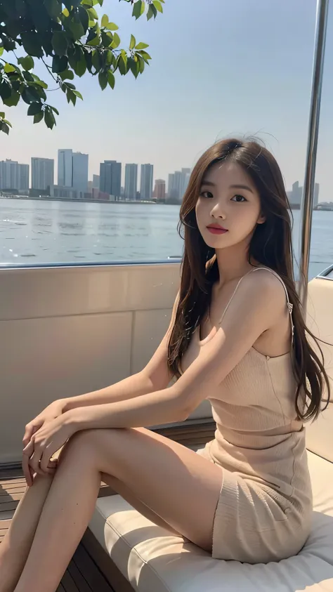 1girl ,Sitting on the yatch,cross ones legs,Chinese beauty,A day-haired,length hair, blurred background