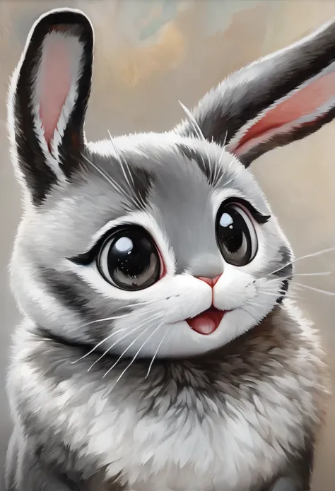 best quality, super fine, 16k, incredibly absurdres, extremely detailed, 2.5D, delicate and dynamic, fusion of watercolors and oil paintings, mix of monochrome and color, funny rabbit portrait, cute face, cute pose