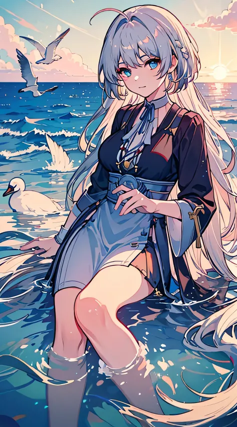 ,((highest quality))),8k,((masterpiece)),(Very sophisticated and beautiful), A girl emerges from the sea, The Swan Princess of Russian Mythology, Beautiful calm face, blue eyes, White Hair、Long blonde hair braided, Moon braid at the back of the head, With ...