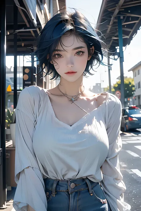 best quality,masterpiece,8k wallpaper,ridiculous, high resolution, Super detailed, (1 young beautiful girl, alone:1.1),Yula_exist_genshexist, cowboy shooting, 1 girl, (blue short hair:1.5), black hair band,White top and black bottoms, White long sleeves, b...