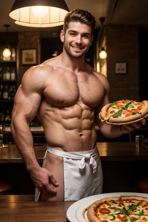 (8K, RAW photo, Highest quality) masterpiece, 1 boy, Look at viewer, standing forward, smiling, wearing small apron white Loincloth, showing his huge muscular breasts, puffy nipples, narrow waist, he is holding a plate with a huge slice of pizza. The pizza...