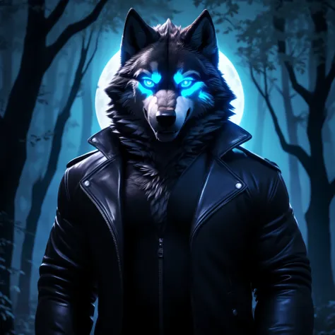 Posing, Male, 30 years old, biting lip smile, black leather jacket, bedroom eyes, anthro, wolf ears, (blakck fur:1.5), wolf, forest background at night, 8k, hi res, (best quality, masterpiece), blue glowing eyes, (wolf tail:1.5), detailed fur