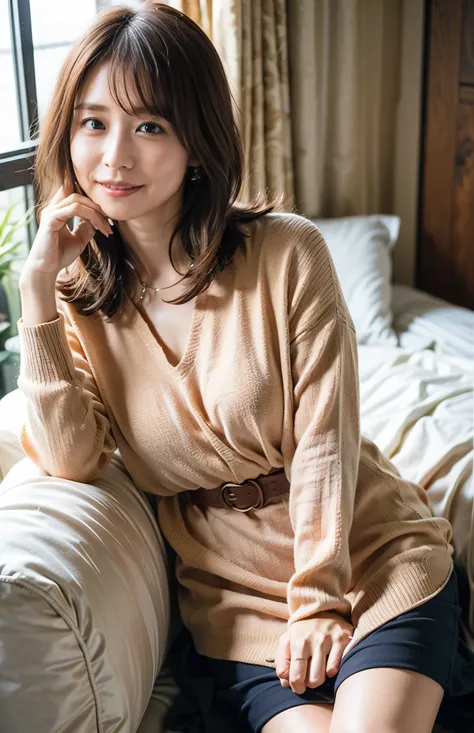 A big smile、Bedroom、Throw kiss、Light brown hair、Elegant hairstyle、Blue Eyed Woman、A woman with a cute upward gaze、When the sky gets dark、The sky turns red as the sun sets、Tight clothing that shows your body lines、、Elegant summer knitwear、Elegant summer swe...