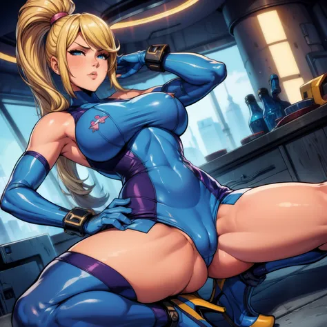 1 girl, solo, samus aran, pelo rubio, blonde hair, ojos azules, blue eyes, ponytail, hair tie, blue gloves, blue bodysuit, high heels, ponytail, blue crop top, sleeveless, midriff, wristband, blue shorts, high heels, breats, huge breasts, sexy, pussy, nsfw...