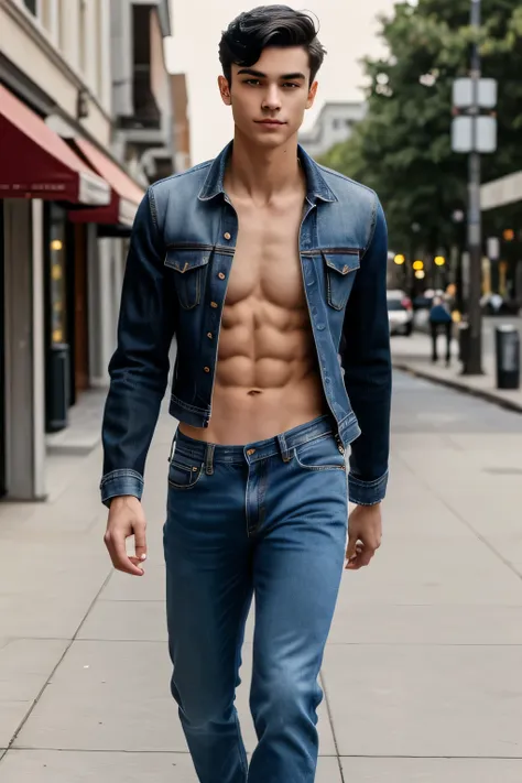 a lean, skinny, 20-year-old shirtless, black hair, Caucasian male wearing jeans, walking on the sidewalk, confident, head to waist shot only
