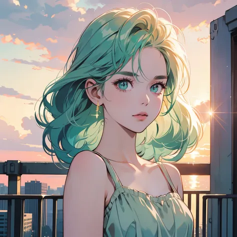 Upper body, 1 Woman, Top Quality, 14k, wind blowing, white camisole, sunset, skyscraper, power lines, crosswalk, sign, railroad tracks, train station, (((sparkling eyes))), (((mysterious))), light green hair, detailed hair, detailed background, top quality...