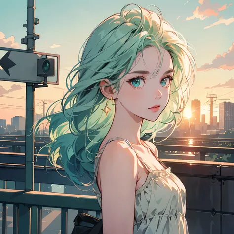 Upper body, 1 Woman, Top Quality, 14k, wind blowing, white camisole, sunset, skyscraper, power lines, crosswalk, sign, railroad tracks, train station, (((sparkling eyes))), (((mysterious))), light green hair, detailed hair, detailed background, top quality...