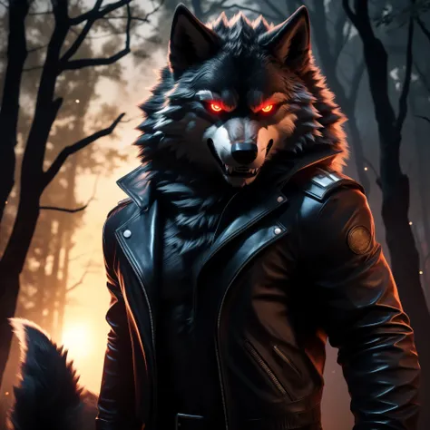 Posing, Male, 30 years old, Evil grin, black leather jacket, anthro, wolf ears, (black fur:1.5), wolf, forest background at night, 8k, hi res, (best quality, masterpiece), red glowing eyes, (wolf tail:1.5), detailed fur