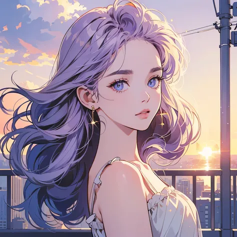 Upper body, 1 Woman, Top Quality, 14k, wind blowing, white camisole, sunset, skyscraper, power lines, crosswalk, sign,(((sparkling eyes))), (((mysterious))), light purple hair, detailed hair, detailed background, top quality, light lighting, backlight, dim...