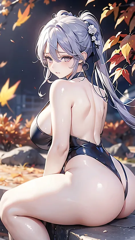 Backless，Fat buttocks，Long purple-gray hair，Sleeveless Backless Nude Apron，plump thighs，Childlike giant breasts，Sway with the wind，Adds a bit of agility。The clothing has rich layers，Sitting on a stone bench，Surrounded by autumn leaves