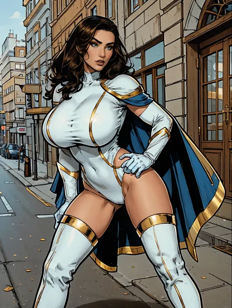 Gorgeous and sultry busty athletic (thin) brunette with sharp facial features wearing a white and gold superhero leotard, dark blue cape, gloves, thigh-high boots. Standing, city street. Muscle.