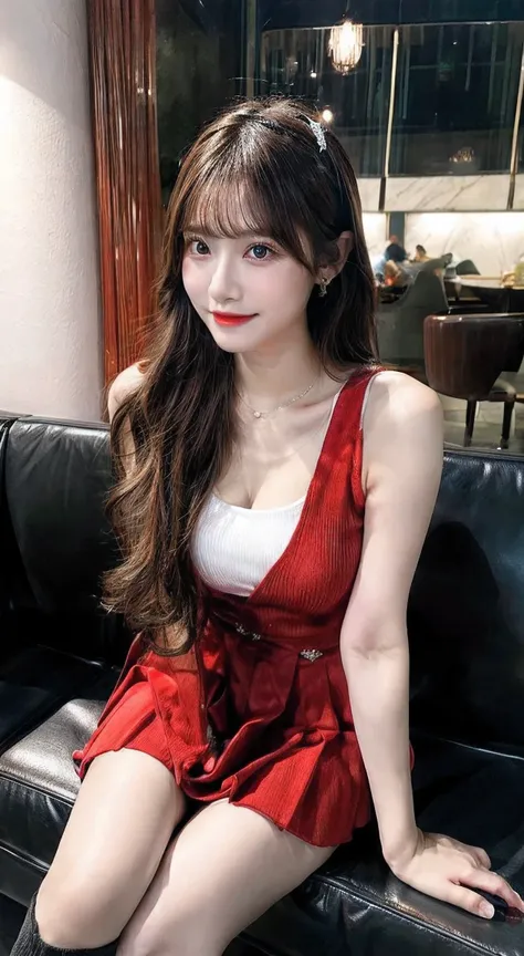 22 year old indonesian girl sitting in a luxury cafe wearing a red dress with a black mini skirt