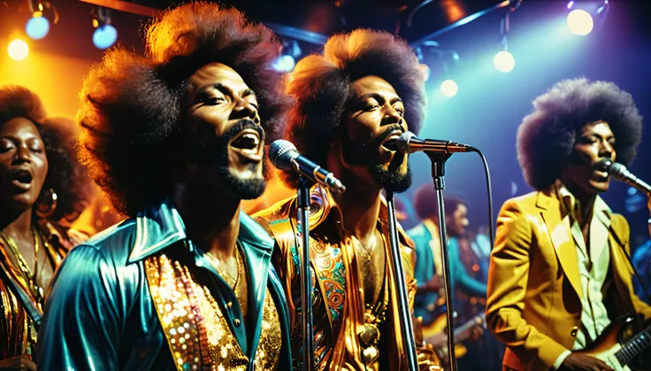 1970s funk band performing on stage in a crowded nightclub, African-American people, 2 male singers and 1 female singer, psychedelic atmosphere, 35mm, atmospheric perspective, depth of field, cinematic lighting, reflection light, backlighting, masterpiece,...