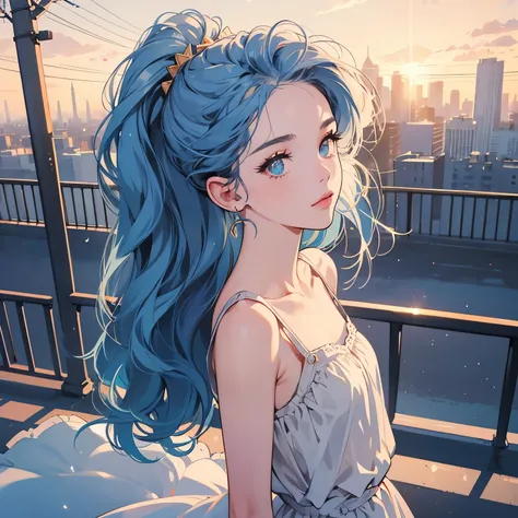 Upper body, 1 Woman, Top Quality, 14k, wind blowing, white camisole, sunset, skyscraper, power lines, crosswalk, sign,(((sparkling eyes))), (((mysterious))), blue hair, detailed hair, detailed background, top quality, light lighting, backlight, dim, clouds...