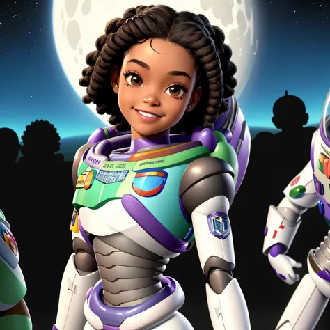 masterpiece, best quality), deep ebony 1girl, beautiful face, short Afro braids , cute, , beautify, Lofi vibe,, cute day vibe, concentrated, hands outside of the picture, Toy Story vibe vibe , buzz light year cosplay clothing, cute look, clothing is dry an...