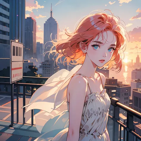 Upper body, 1 Woman, Top Quality, 14k, wind blowing, white camisole, sunset, skyscraper, power lines, crosswalk, sign,(((sparkling eyes))), (((mysterious))), Pale red hair, detailed hair, detailed background, top quality, light lighting, backlight, dim, cl...