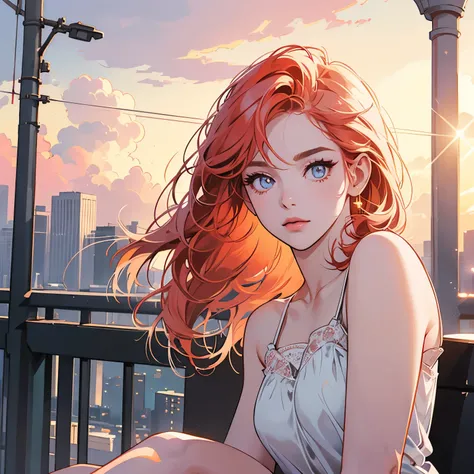 Upper body, 1 Woman, Top Quality, 14k, wind blowing, white camisole, sunset, skyscraper, power lines, crosswalk, sign,(((sparkling eyes))), (((mysterious))), Pale red hair, detailed hair, detailed background, top quality, light lighting, backlight, dim, cl...