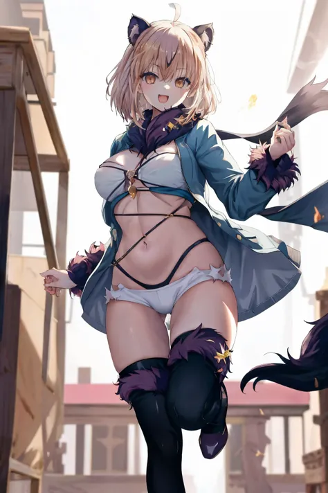 masterpiece, best quality,extremely detailed CG unity 8k wallpaper,
1girl,okita souji (fate),
 smile,open_mouth,jumping,middle_breasts,navel,thighs,happy,gold_eyes,apart_thighs,apart_knees,rising_knee,,covered_pussy,dangerousbeast,(dangerousbeast:1.5),perf...