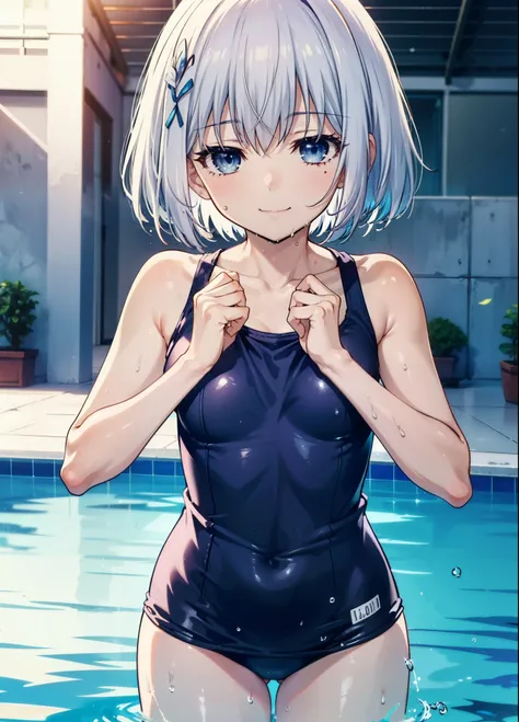 origamitobiichi, Origami Tobiichi Casual, short hair, blue eyes, happy smile, smile, Shut your mouth.,Medium Breast,smile,Wet swimsuit,Wet Hair,Wet Skin,whole bodyがイラストに入るように,School Swimsuit,School Swimsuitを着た群衆,student,sunny,Daytime,
break outdoors ,Schoo...