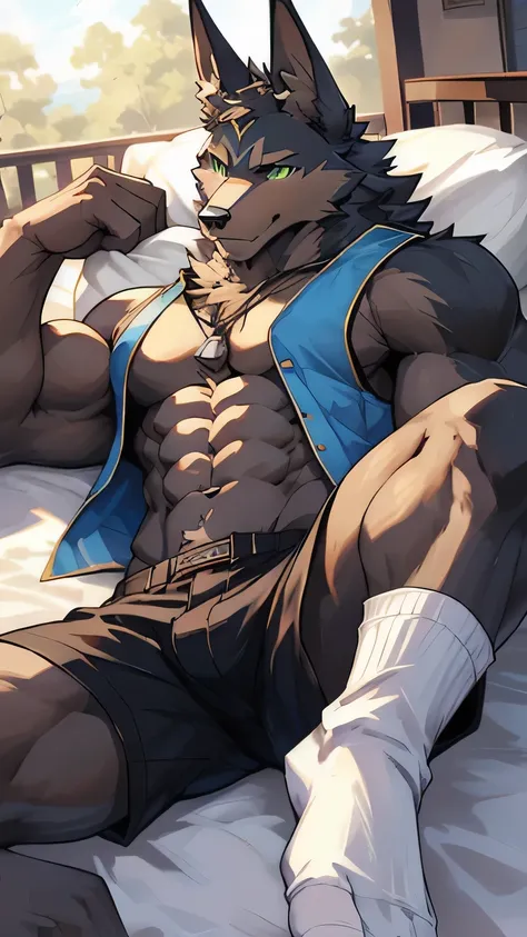 ((Anubis))，((gay))，high quality，(blush)，((whole body))，Furry wolf，(teenagerfurry)，Wolf Tribe，teenager，Jackal，((Blue vest))，（Black shorts），(Black head)，(Black Arm)，(Black thigh)，(Black calves)，(Blackback)，(Black neck)，(((Brown pectoral muscles)))，(((Brown A...