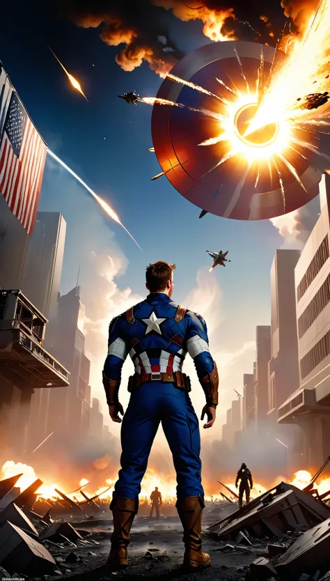 the iconic captain america figure appears against the backdrop of an interstellar battlefield、a fascinating cinematic scene foll...