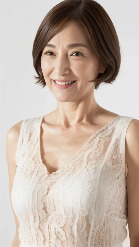 ((Face close-up)), ((Grandmother)), (((Short Bob))), Late Elderly, Aged face, Perfect composition, ((Fractal Art)), (((masterpiece))), 8k, Clear images, (((alone))), (((Asian Beauty))), Pure white background, Natural Hair Color, Hands behind back, Refreshi...
