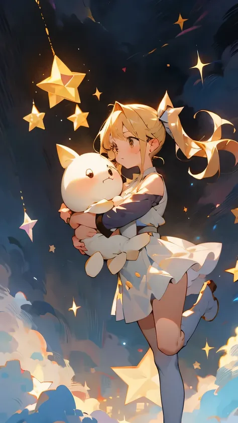 16-year-old girl、One girl,Hug a stuffed animal、白いHug a stuffed animal、Expressionless、Fantastic look、Fairy, Pointed Ears, masterpiece, highest quality, High resolution, Lucy Heartfilia, Lucy Heartfilia, One girl, alone, Blonde Hair, Brown eyes, Long Hair, S...