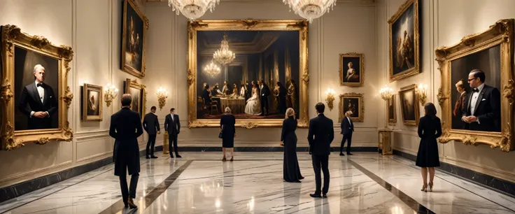 (high quality,8k,photorealistic,award winning photograph,five sophisticated art enthusiasts examining a large portrait painting in an elegant art gallery interior,museum lighting,luxurious gold frames,intricate details,elegant decor,marble floors,ornate mo...