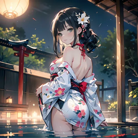 ((panty shot)),((lifting skirt)),((white beautiful panties focus)),Vulgar,low angle,from below, cleavage,(( looking back at the viewer)),
(looking back at the viewer),full body,low angle,from below,♥(japanese flower printed yukata),(bathing in the spa), ((...