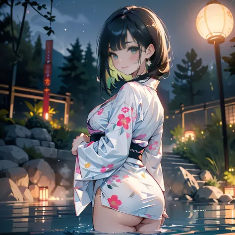 ((panty shot)),((lifting skirt)),((white beautiful panties focus)),Vulgar,low angle,from below, cleavage,(( looking back at the viewer)),
(looking back at the viewer),full body,low angle,from below,♥(japanese flower printed yukata),(bathing in the spa), ((...