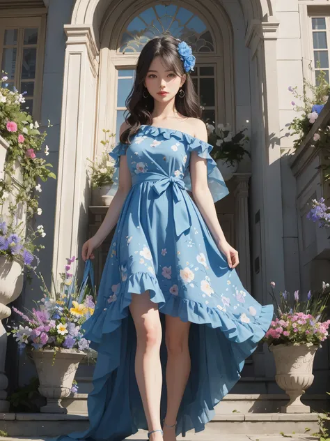  The image features a woman in a blue dress with a floral pattern, standing in front of a backdrop of flowers and a building.