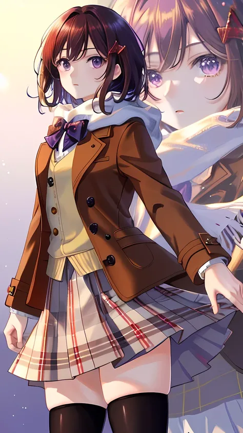 surreal, an anime girl, short brown hair, purple eyes, loraeyes, masterpiece, 4k, (detailed description: 1.2), red bowtie, plaid skirt, brown coat, white scarf , short skirt, (black tights), winter background, snow,