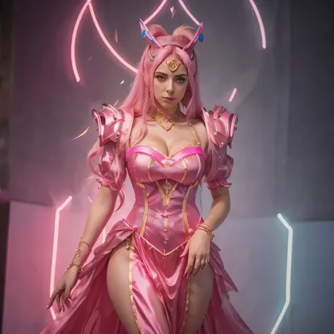 Neon pink cybergoth female in meets gala costume, meticulously crafted cosplay inspired by a blend of iconic characters such as Aubrey Plazas Goblin Clanton, Alison Brie, and Jean Delvilles actress serene killer, adorned with thick, radiantly shiny lips an...