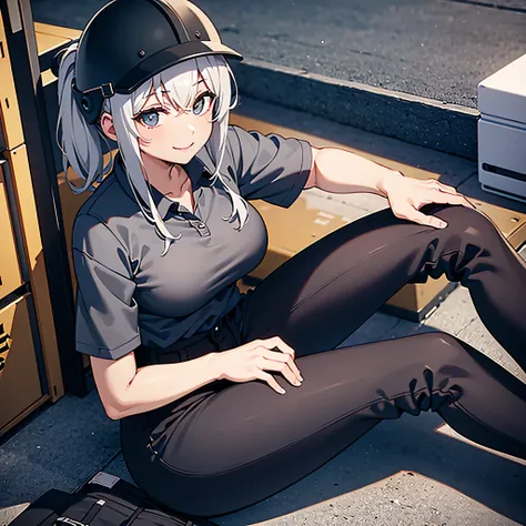 1 person, anime girl, working in a warehouse, in a gray polo shirt, black trousers, wearing a helmet, sitting, looking up, smiling playfully, big chest,     sitting opposite, spread your legs, sitting in the center