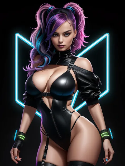 there is Margot Robbie, navy blue and bright purple neon streaked hair, hair in pony tail, 3 d neon art of a womans body, neon-noir background, cyberpunk femme fatale, seductive cyberpunk dark fantasy, cyberpunk strip clubs, cyberpunk 20 y. o model girl, o...