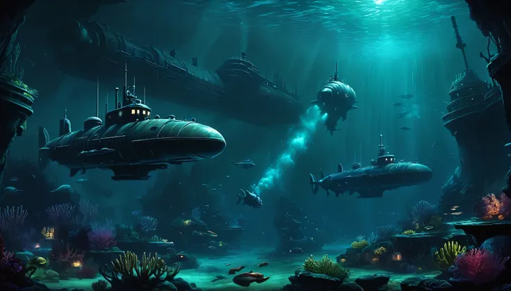 dark underwater world from the setting of the game Aquanox, Dark Depths, submarines fight with torpedoes and lasers