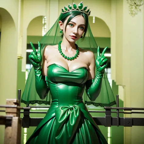 Emerald tiara, Green Pearl Necklace, Boyish very short green hair, lipstick, Woman in her 30s Japan smiling, Very short hair, Big and beautiful, Green Eyes, Long green satin gloves, Big Breasts, V sign with both hands, Emerald Earrings, Green veil