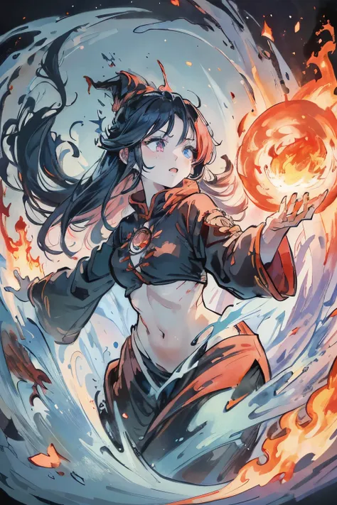 Best quality, best image quality, anime style, illustration, one witch with open arms, half of the witch is in a hellish landscape with flames burning, fire magic is overflowing from her hands, the other half is extremely cold with a blizzard A witch with ...