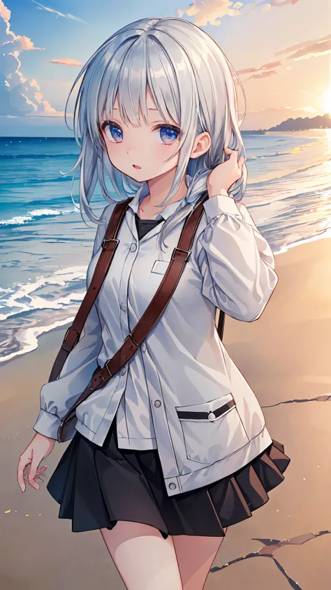 ((masterpiece)), ((highest quality)), ((High resolution)), ((Highly detailed CG Unity 8k wallpaper)), alone, Brown uniform, Black Skirt, White socks, Outdoor, face, Beach, Hanging hair, Parted hair, Silver Hair, 笑face, 