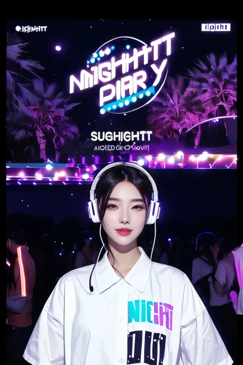 Party poster with beautiful woman in white shirt and headphones, summer festival night, DJ rave party, ((((((((night)))))))) day time, pool party, night, disco party, DJ at a party, summer night, DJ, DJ set, rave party, dance , Andy Park, 2024, 2 0 2 4,