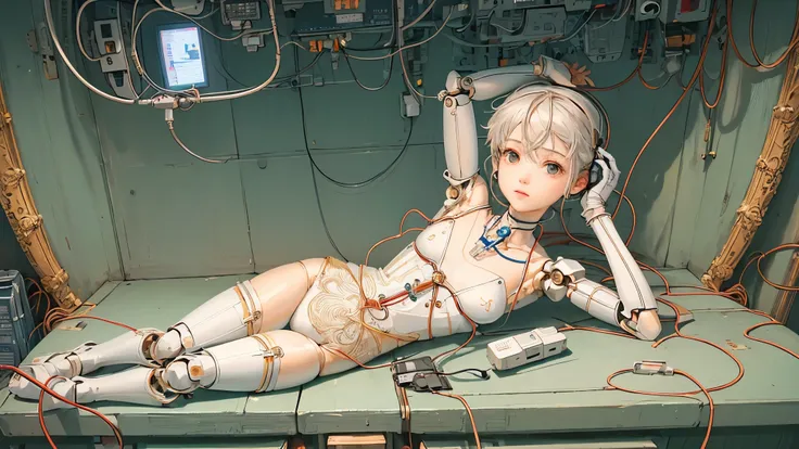 (((masterpiece))), (((highest quality))), ((Very detailed)), (Highly detailed CG illustrations), ((Very delicate and beautiful)),(Cute and delicate face),Light,((1. Machine Girl)),alone,whole body,(Machine made joints:1.4),((Mechanical Limbs)),(Muscles bul...