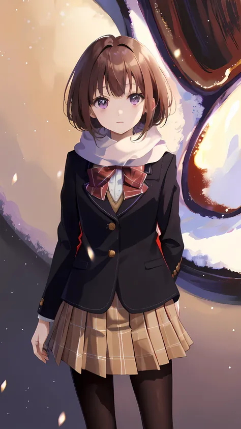 surreal, aamahiru, an anime girl, short brown hair, purple eyes, loraeyes, masterpiece, 4k, (detailed description: 1.2), red bowtie, plaid skirt, brown coat, white scarf , short skirt, (black tights), winter background, snow,