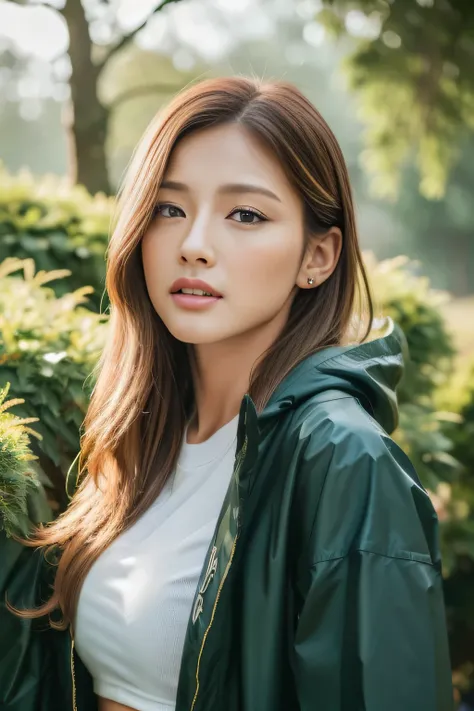 ((highest quality, 8k, masterpiece: 1.3)), 1 female, Beautiful girl with feminine abs: 1.3, (:1.2), Raincoat:1.2, Highly detailed face, Highly detailed lips, rain, double eyelid, rain:1.4, Big tree, nature, Beautiful body,Supermodel、Beautiful Skin,