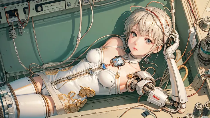 (((masterpiece))), (((highest quality))), ((Very detailed)), (Highly detailed CG illustrations), ((Very delicate and beautiful)),(Cute and delicate face),Light,((1. Machine Girl)),alone,whole body,(Machine made joints:1.4),((Mechanical Limbs)),(Muscles bul...