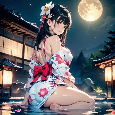 ((panty shot)),((lifting skirt)),((white beautiful panties focus)),Vulgar,low angle,from below, cleavage,(( looking back at the viewer)),
(looking back at the viewer),full body,low angle,from below,♥(japanese flower printed yukata),(bathing in the spa), ((...