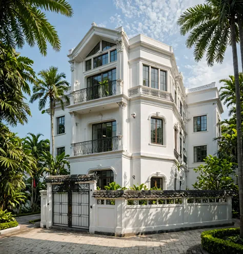 RAW photo,Masterpiece, high quality, best quality, authentic, super detail,
archneoclassicalhouse, exterior, neoclassic house with white wall and windows, daylight, tropical trees, tropical garden, the street on Viet Nam, archdaily architecture, 
(high det...
