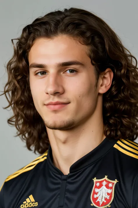 ((best quality)), ((masterpiece)), (detailed), 85mm DSLR colour photography of a very detailed headshot fitting all of head and hair in frame. 26 year old polish soccer player, with long curly browne hair and brown eye, 2-weeks facial hairs with a small sm...