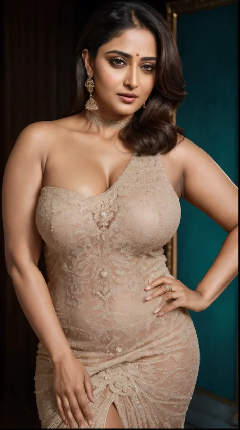 50yo mature MILF Anushka Shetty,((best quality)), ((masterpiece)), ((realistic)), eye kajal, eye liner, mascara, light red lips, curvy hot mommy figure, sensual Beauty, provoking body, extreme sweat, sweat soaked skin, slight stretch marks, alluring figure...